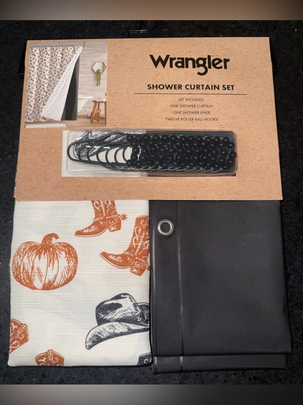 NEW Wrangler AUTUMN
Pumpkin & Cowboy HAT & BOOTS Shower Curtain Set